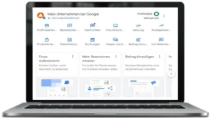 Laptop mit Google-Unternehmensprofil-Dashboard – Local-Pack-Sichtbarkeit, Bewertungen & Beiträge verwalten
