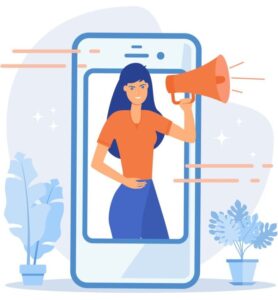 Frau mit Megafon im Smartphone – lokale Online-PR, Reichweite & Markenbekanntheit