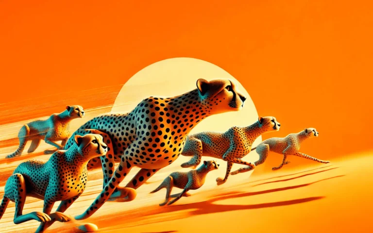 Rennende Geparden vor einem orangefarbenen Sonnenuntergang