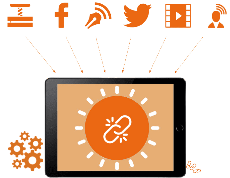 Tablet with link icon surrounded by social-media symbols – backlink building & off-page SEO