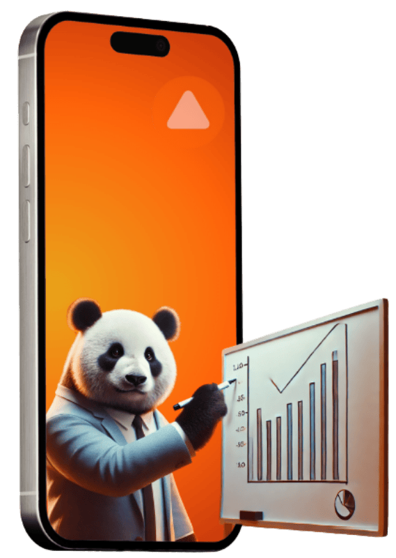 Business-suited panda pointing at performance-analysis whiteboard on smartphone – digitalagenten performance marketing