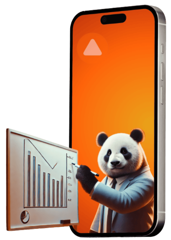 Business-suited panda pointing at performance analysis whiteboard on smartphone screen – Digital Agenten digital marketing