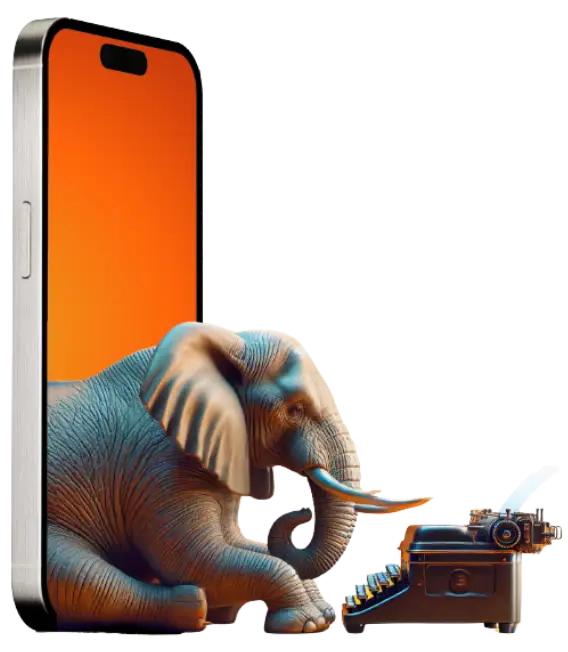 Elephant sitting before orange-screen smartphone while typing on a vintage typewriter – digitalagenten digital marketing