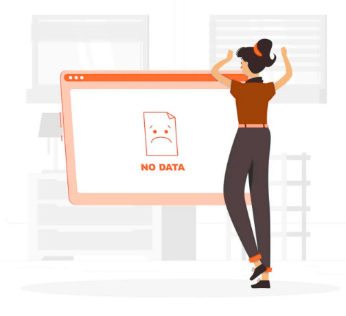 Google Unternehmensprofil als zentrale Datenbasis - Person prüft fehlerhafte Verzeichniseinträge auf Bildschirm mit Hinweis „No Data“
