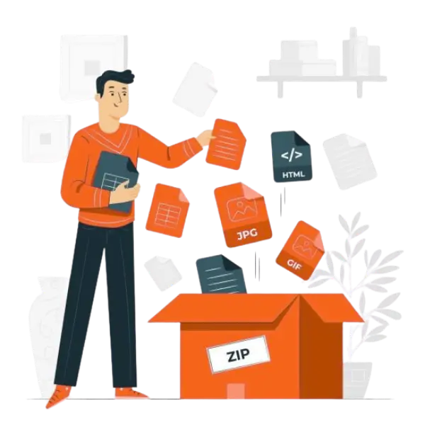 Schlanker Code und Komprimierung für bessere Web Performance - Entwickler räumt Code-Dateien in ZIP-Box zur Performance-Optimierung