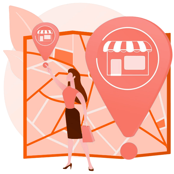 Woman pointing at map with large location pin and storefront icon – NAP data & local listing information