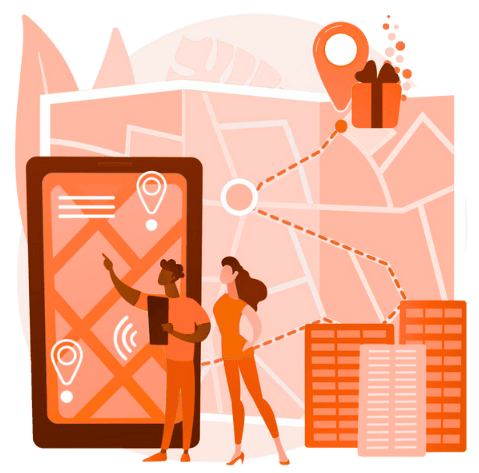 Two people at a smartphone map with location pin – central review management & response workflow