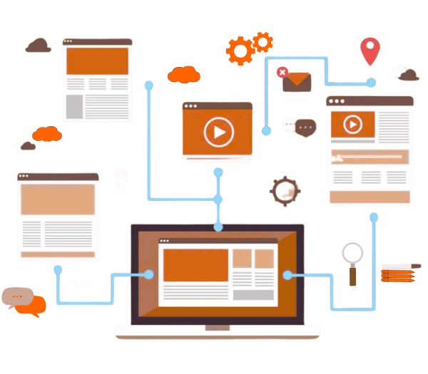 llustration zeigt verschiedene Website-Elemente, die durch Links miteinander vernetzt sind