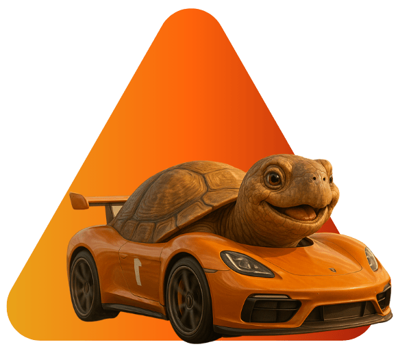 Turtle in an orange sports car in front of a triangle – holistic marketing mix & performance marketing (SEA)