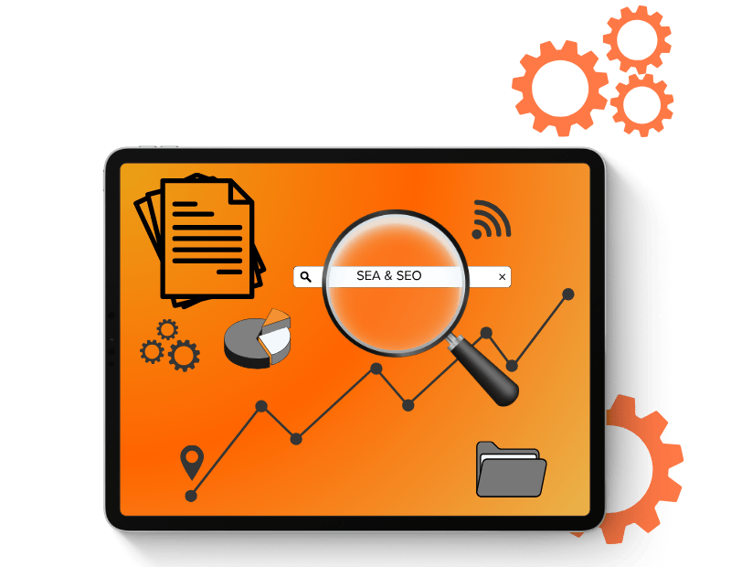 Tablet-Bildschirm mit Lupe auf den Suchbegriff "SEA & SEO", umgeben von Symbolen wie Dokumenten, Diagrammen und Zahnrädern, die die umfassende Analyse und Optimierung von Suchmaschinenwerbung und Suchmaschinenoptimierung darstellen