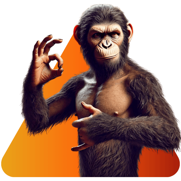 Monkey giving perfect-hand sign in front of orange digitalagenten triangle – digital marketing SEO