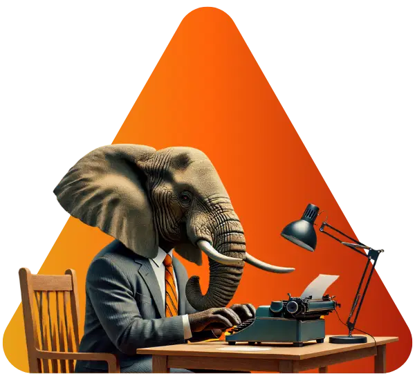 Elephant in a suit at a desk before an orange triangle – user-focused SEO content creation