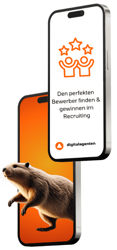 Recruiting & Employer Branding – strukturierter Auswahlprozess zur Gewinnung passender Bewerber – Biber vor Smartphone mit Recruiting-Symbolen