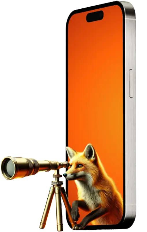 Smartphone-Bildschirm mit einem Fuchs, der aufmerksam durch ein Teleskop blickt