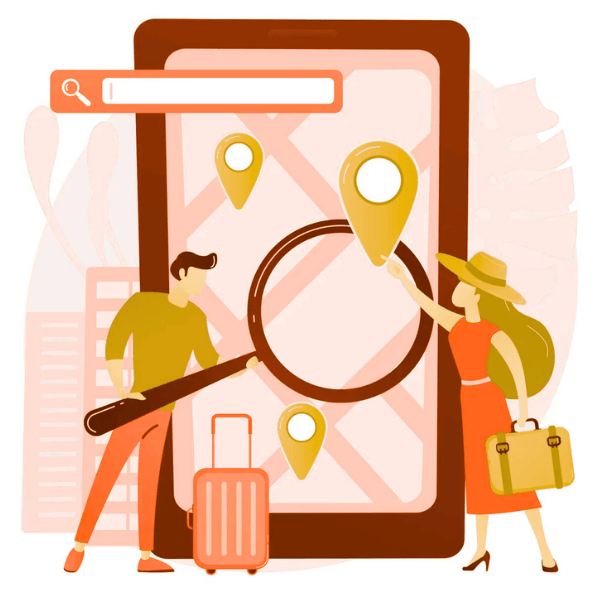 Kundenbewertungen weltweit managen bei mehreren Standorten - Reisende schauen auf Smartphone mit Locations und Google-Unternehmensprofil