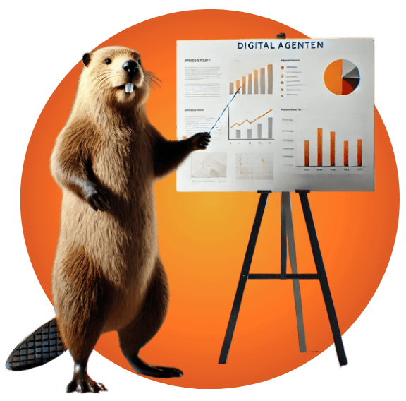 Employer Branding Strategie – klare Positionierung und Employer Value Proposition – Biber präsentiert Diagramme auf Flipchart vor orangefarbenem Hintergrund