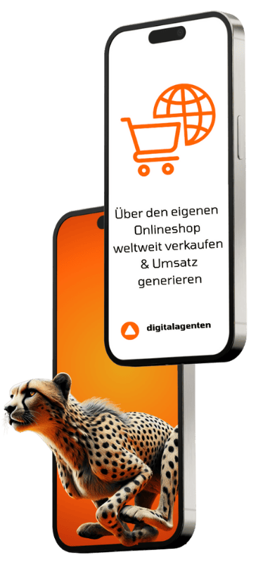 Two smartphones with shopping cart icon and cheetah – WooCommerce shop on WordPress, mobile commerce & global sales