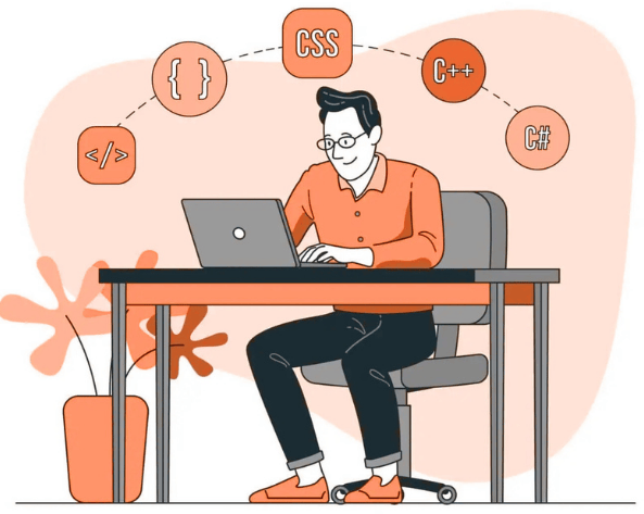 Developer at laptop with code icons – custom WordPress/WooCommerce plugin development for competitive advantage