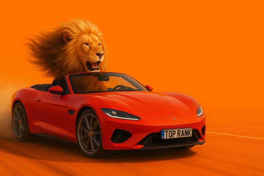 Majestätischer Löwe fährt mit aufgerissener Mähne in einem roten Sportwagen mit dem Nummernschild „TOP RANK“ durch eine orangefarbene Kulisse – Symbol für Geschwindigkeit, Führungsanspruch und Top-Performance im SEO-Bereich