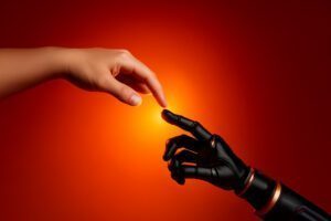 GEO & KI im Marketing: Menschliche und KI-Roboterhand kurz vor der Berührung – Generative Engine Optimization für Kundengewinnung mit KI