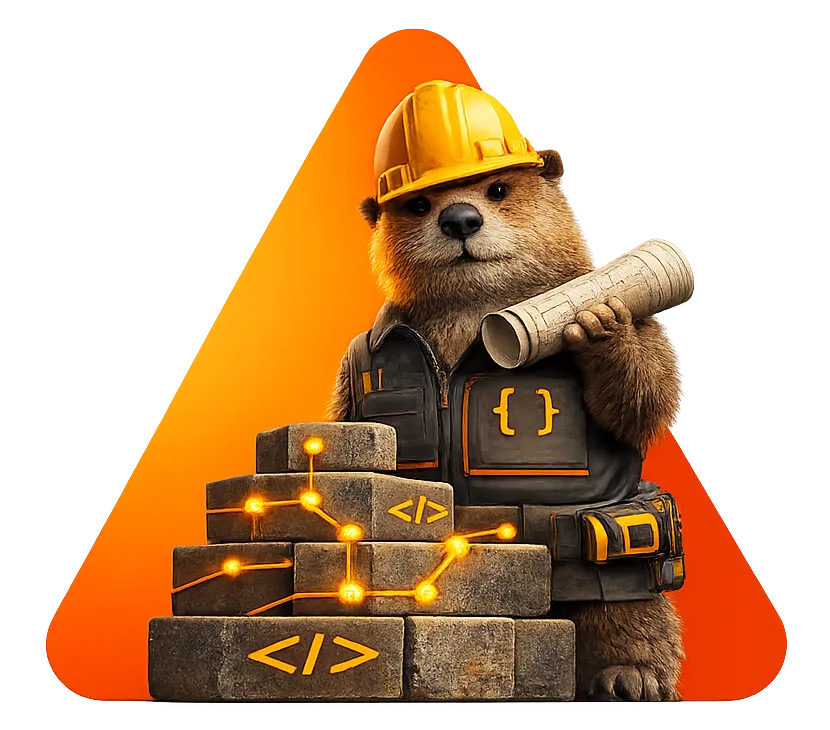 Structured data as a competitive advantage for SEO and AI search - Beaver wearing a hard hat builds schema blocks with code symbols