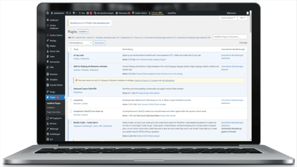 WordPress plugin list on laptop – reduce plug-ins for better PageSpeed performance and fewer unnecessary requests