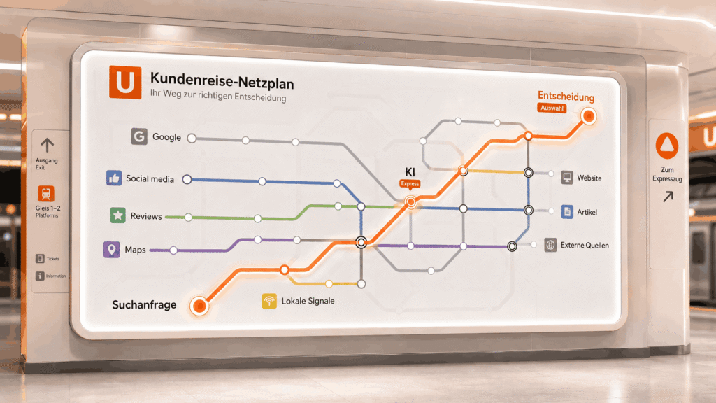U-Bahn-Netzplan der digitalen Search Journey: Suchanfragen führen über Google, Social Media, Reviews, Maps und weitere Quellen zur Entscheidung.
