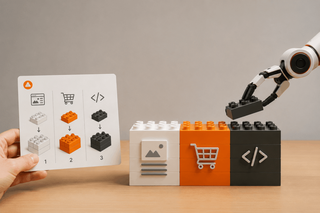 Roboterarm setzt Klemmbausteine für Website, Onlineshop und Code nach Anleitung zusammen.