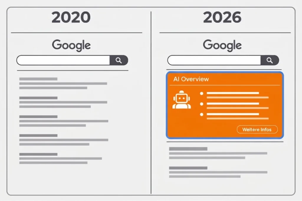 Split graphic. Left: Google Search in 2020 focused on text links. Right: Google Search in 2026, where a large orange AI Overview box dominates the top results.
