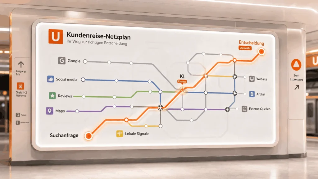 U-Bahn-Netzplan der digitalen Search Journey: Suchanfragen führen über Google, Social Media, Reviews, Maps und weitere Quellen zur Entscheidung.
