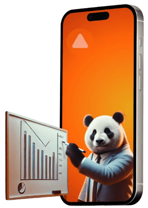 Bewertungen zentral erfassen und beantworten - Panda mit Smartphone und Diagramm zur Analyse von Bewertungen