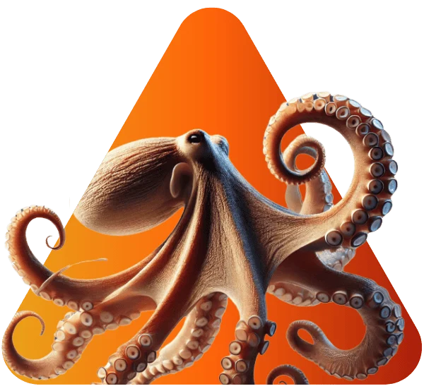 Agiles Projektmanagement – strukturierte Sprints, klare Rollen und flexible Umsetzung im digitalen Marketing – Oktopus mit ausgebreiteten Armen als Sinnbild für parallele Aufgabensteuerung