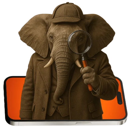 Elephant detective with magnifying glass emerging from smartphone – AI content scaling & quality assurance