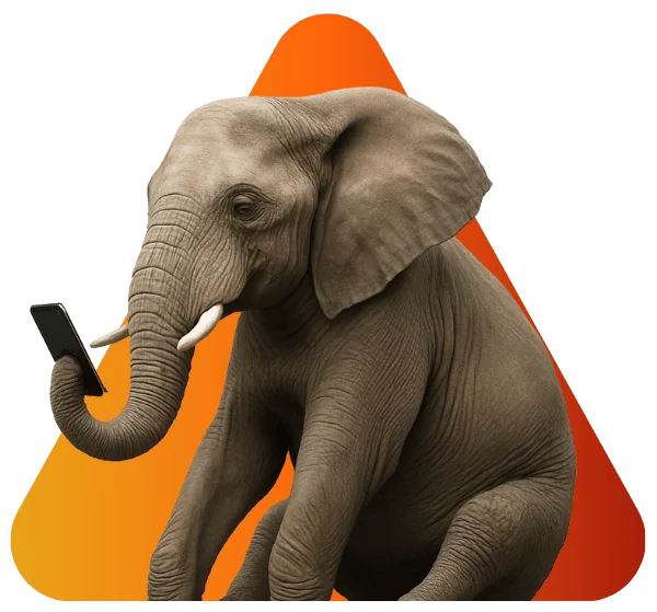 Illustration of a seated elephant holding a smartphone with its trunk—a humorous depiction of digital communication and modern user behaviour.