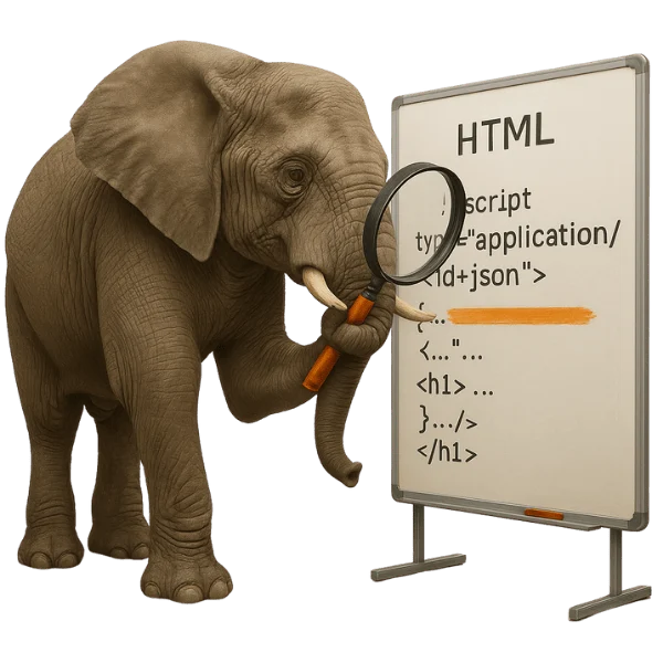 Elephant with magnifying glass highlighting HTML board (JSON-LD) – structured data & rich results for higher visibility