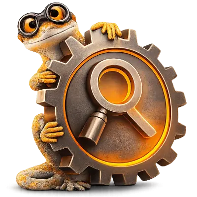 Illustration: gecko holding a gear with a magnifying glass, symbolizing GEO content that AI search engines can find and cite