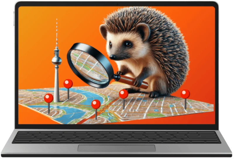 Local SEO - Skalierbare Ergebnisse für mehr Sichtbarkeit und lokale Rankings - Igel mit Lupe auf Karte mit Berliner Fernsehturm