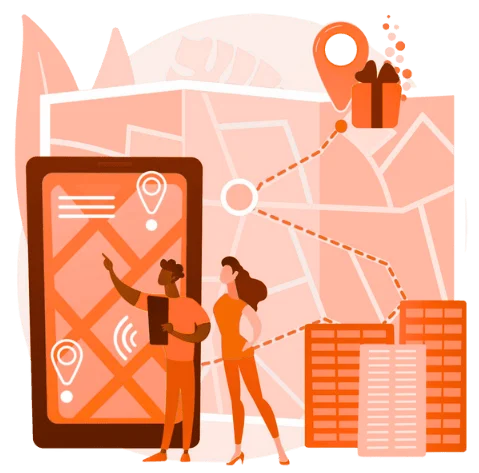 Positionierung mit Bewertungen - Menschen verwenden Smartphone und zeigen auf Standortmarkierungen auf Karte