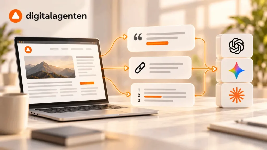 Illustration einer Website, deren Inhalte über Zitate, Links und Listen in KI-Systeme wie ChatGPT, Gemini und Claude einfließen.