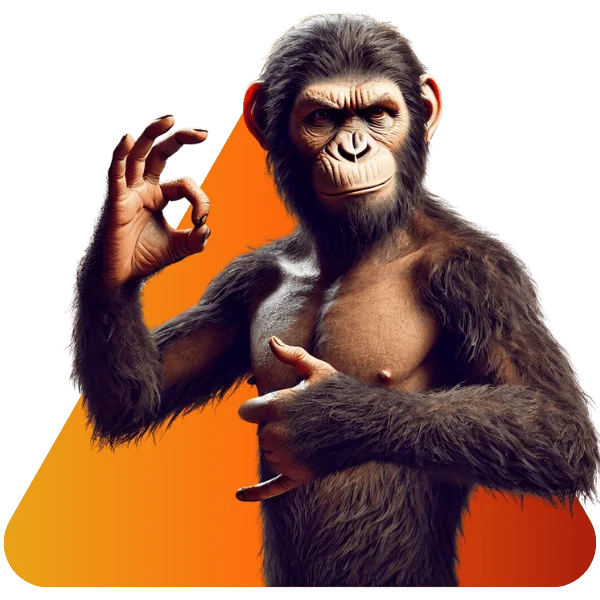 Monkey giving perfect-hand sign in front of orange digitalagenten triangle – digital marketing SEO