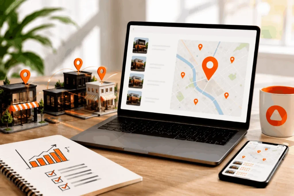Laptop und Smartphone mit Standort-Pins auf digitalen Karten neben Miniatur-Läden und Notizbuch mit Grafik. Symbol für lokales SEO.