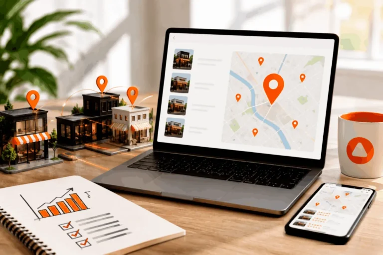 Laptop and smartphone with location pins on digital maps next to miniature stores and a notebook with a chart. Symbol for local SEO for multiple locations.