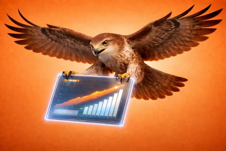A falcon in flight against an orange background, holding a glowing tablet with a rising chart in its talons.