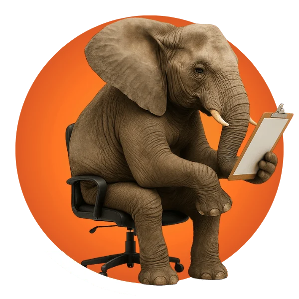 Illustration of an elephant sitting on an office chair, intently reading a checklist on a clipboard—symbolising analysis, planning, or office work with a humorous twist.