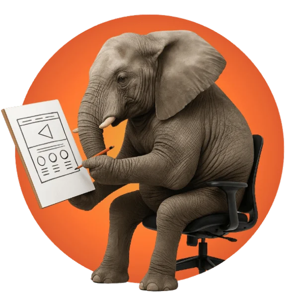 Illustration of an elephant sitting on an office chair, sketching a website wireframe with a pencil on a clipboard — a humorous scene for UX design and creative concept development.