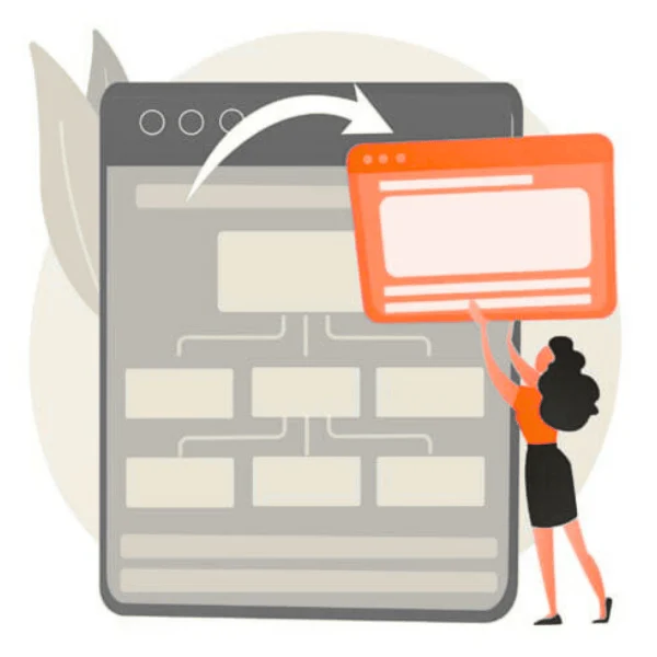 Illustration of a person dragging a content element onto a website, symbolising regular updates and optimisation of website content.