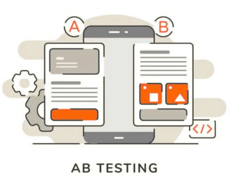 Illustration shows a smartphone displaying two different content variants for A/B testing, symbolising data-driven website optimisation through systematic comparisons.