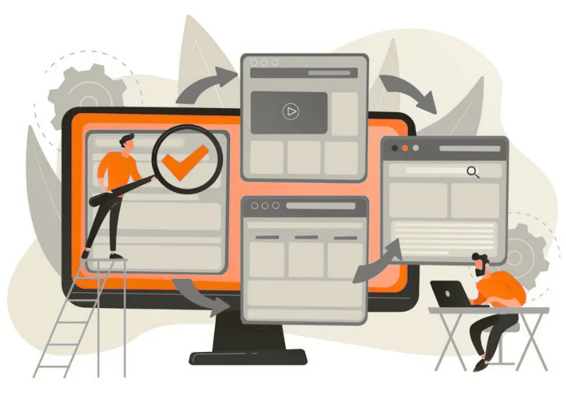 Two people review and optimise various website content, visually supported by magnifying-glass and check-mark icons, symbolising a holistic optimisation process.