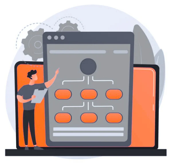 Illustration shows a person analysing a clear, well-structured website plan on a large screen.
