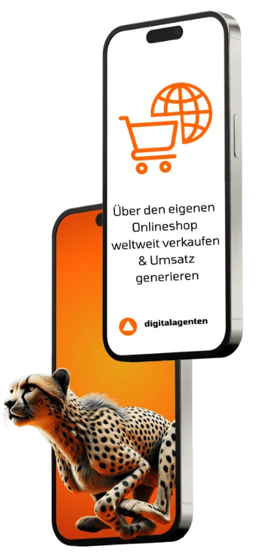 WooCommerce Online-Shop erstellen und skalieren – Smartphone mit Warenkorb-Symbol und laufendem Geparden für schnelle Verkaufsprozesse